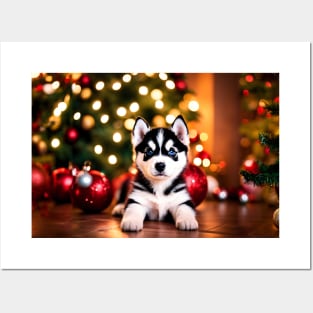 Tiny Husky Puppy Dog by Christmas Tree Posters and Art